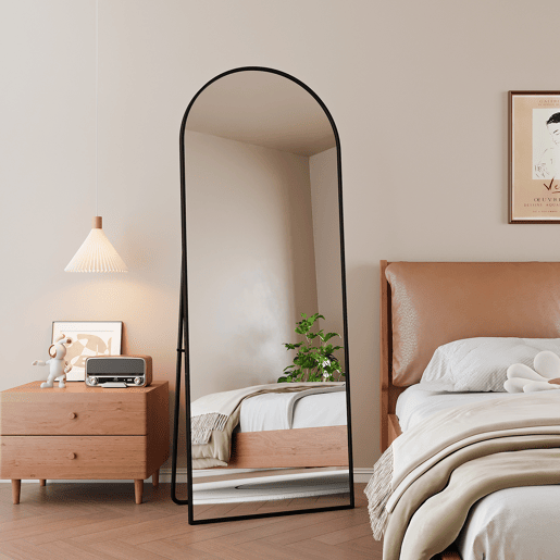 Espelho de corpo inteiro, 162 x 53 cm, espelho de chão com topo arqueado, adequado para sala de estar ou closet, preto