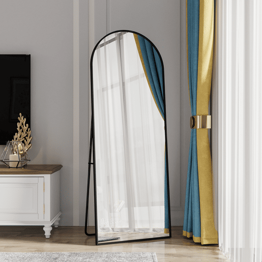 Espelho de corpo inteiro, 162 x 53 cm, espelho de chão com topo arqueado, adequado para sala de estar ou closet, preto