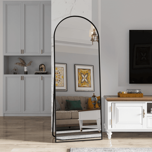 Espelho de corpo inteiro, 162 x 53 cm, espelho de chão com topo arqueado, adequado para sala de estar ou closet, preto