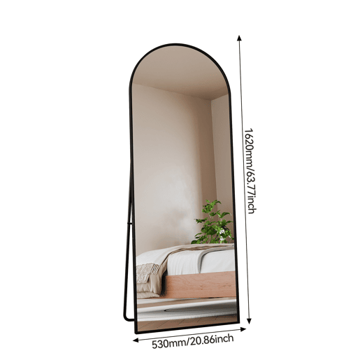 Espelho de corpo inteiro, 162 x 53 cm, espelho de chão com topo arqueado, adequado para sala de estar ou closet, preto