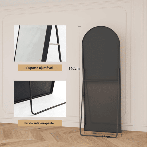 Espelho de corpo inteiro, 162 x 53 cm, espelho de chão com topo arqueado, adequado para sala de estar ou closet, preto