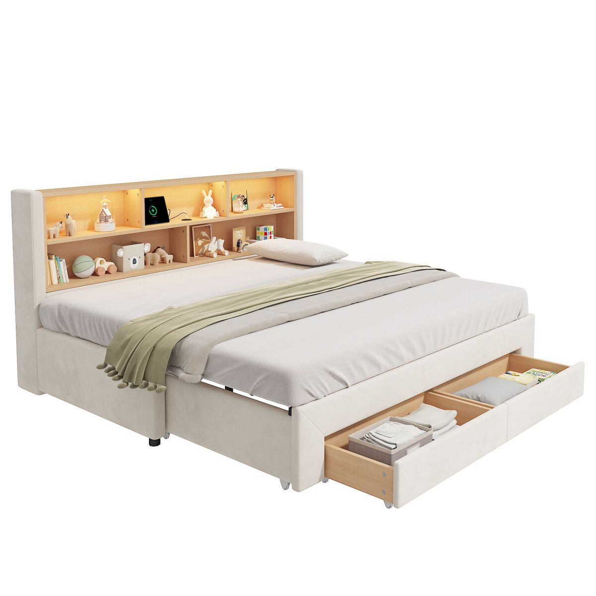 Cama nido de terciopelo 90x200 cm con luz led,beige