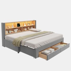 Cama gavetão de veludo 90x200 cm com luz led,cinza
