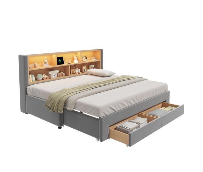 Cama nido de terciopelo 90x200 cm con luz led,gris