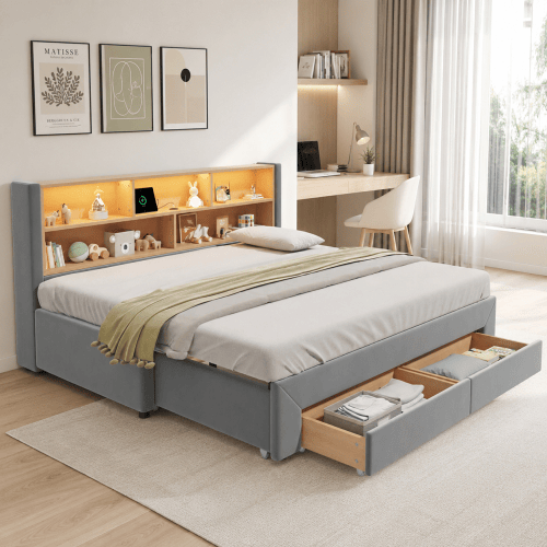 Cama gavetão de veludo 90x200 cm com luz led,cinza Cama gavetão de veludo 90x200 cm com luz led,cinza