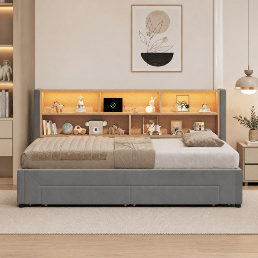 Cama gavetão de veludo 90x200 cm com luz led,cinza Cama gavetão de veludo 90x200 cm com luz led,cinza