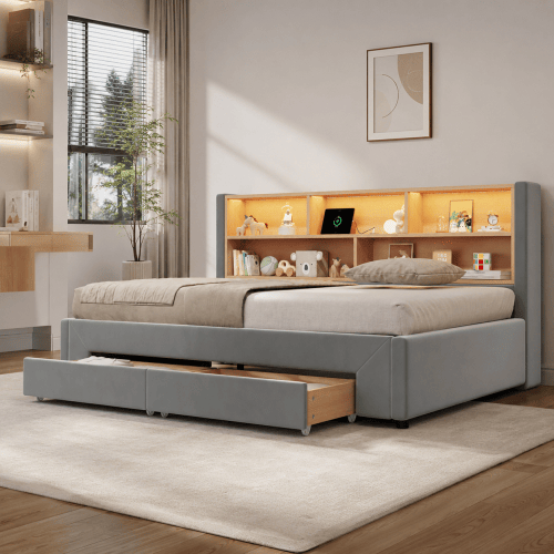 Cama gavetão de veludo 90x200 cm com luz led,cinza Cama gavetão de veludo 90x200 cm com luz led,cinza