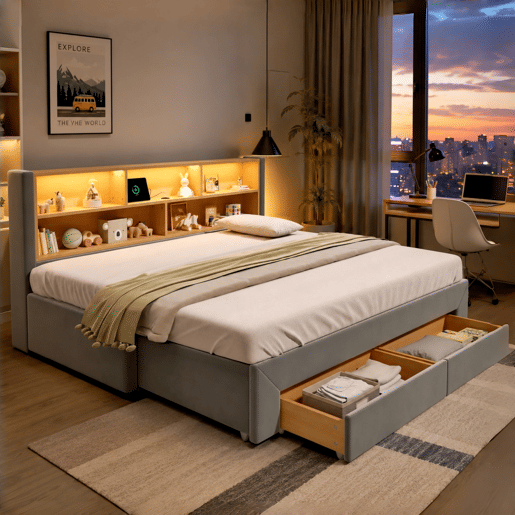 Cama gavetão de veludo 90x200 cm com luz led,cinza Cama gavetão de veludo 90x200 cm com luz led,cinza