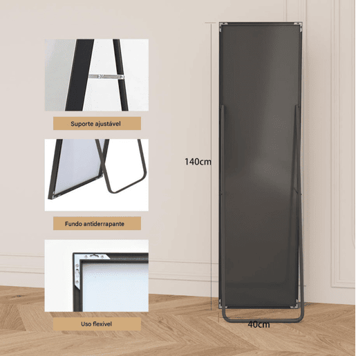 Espelho de Chão de Corpo Inteiro com Moldura em Metal Preto 140x40 cm, Espelho Retangular Grande de Alta Definição para Sala de Estar ou Closet, Preto Espelho de Chão de Corpo Inteiro com Moldura em Metal Preto 140x40 cm, Espelho Retangular Grande de Alta Definição para Sala de Estar ou Closet, Preto