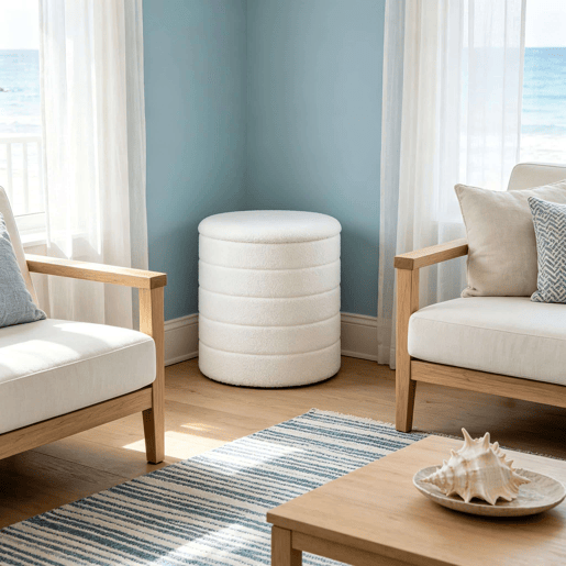 Banco com espaço de arrumação 40,5 x 40,5 x 43 cm - Assento redondo com espaço oculto e função de mesa auxiliar - Branco Banco com espaço de arrumação 40,5 x 40,5 x 43 cm - Assento redondo com espaço oculto e função de mesa auxiliar - Branco