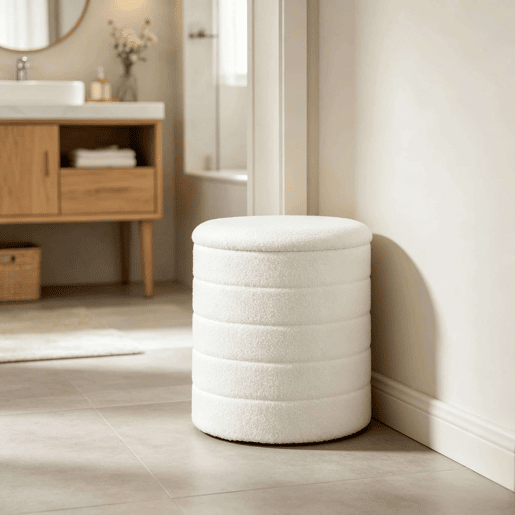Banco com espaço de arrumação 40,5 x 40,5 x 43 cm - Assento redondo com espaço oculto e função de mesa auxiliar - Branco Banco com espaço de arrumação 40,5 x 40,5 x 43 cm - Assento redondo com espaço oculto e função de mesa auxiliar - Branco