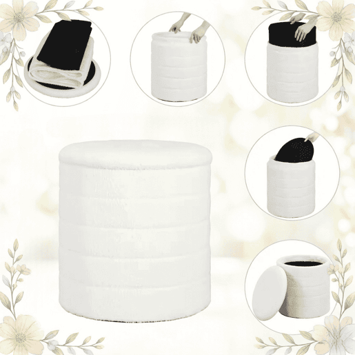 Banco com espaço de arrumação 40,5 x 40,5 x 43 cm - Assento redondo com espaço oculto e função de mesa auxiliar - Branco Banco com espaço de arrumação 40,5 x 40,5 x 43 cm - Assento redondo com espaço oculto e função de mesa auxiliar - Branco