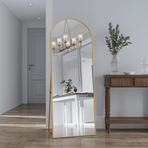 Espelho de corpo inteiro, 162 x 53 cm, espelho arqueado de chão, adequado para sala de estar ou closet, cor dourado Espelho de corpo inteiro, 162 x 53 cm, espelho arqueado de chão, adequado para sala de estar ou closet, cor dourado