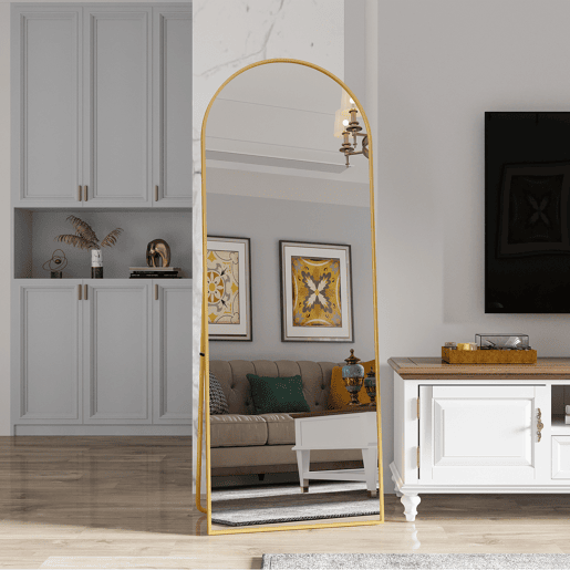 Espelho de corpo inteiro, 162 x 53 cm, espelho arqueado de chão, adequado para sala de estar ou closet, cor dourado Espelho de corpo inteiro, 162 x 53 cm, espelho arqueado de chão, adequado para sala de estar ou closet, cor dourado