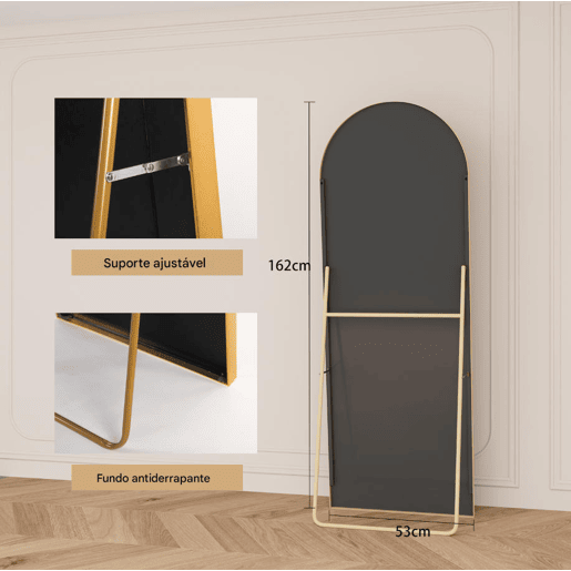 Espelho de corpo inteiro, 162 x 53 cm, espelho arqueado de chão, adequado para sala de estar ou closet, cor dourado Espelho de corpo inteiro, 162 x 53 cm, espelho arqueado de chão, adequado para sala de estar ou closet, cor dourado