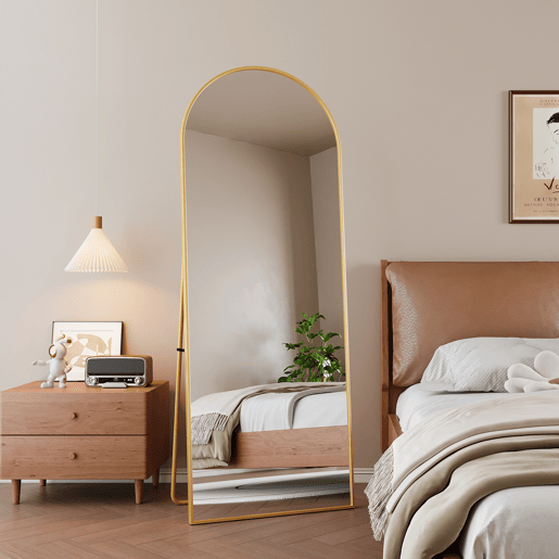 Espelho de corpo inteiro, 162 x 53 cm, espelho arqueado de chão, adequado para sala de estar ou closet, cor dourado Espelho de corpo inteiro, 162 x 53 cm, espelho arqueado de chão, adequado para sala de estar ou closet, cor dourado
