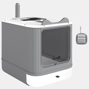 PawHut Caixa de Areia Coberta M para Gatos Médios, Entrada Frontal e Saída Superior, com Pá e Saquetas Desodorizantes, Fácil de Limpar, Branco