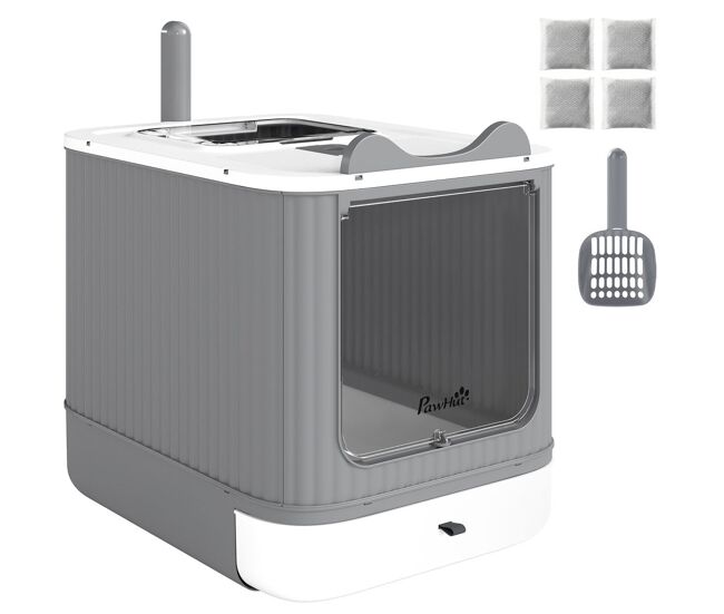 Pawhut arenero para gatos cubierto m, caja de arena para gatos medianos, arenero con tapa abatible, entrada frontal, salida superior, pala, bolsas