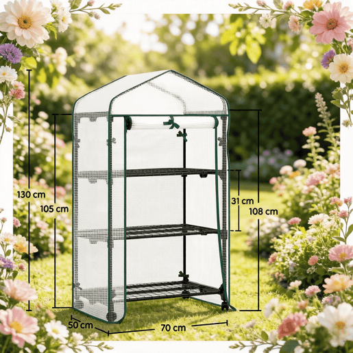Mini-estufa 70 x 50 x 130 cm u2014 com prateleiras, rodas e porta enrolável u2014 branca