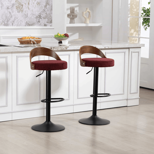 Bancos de bar (conjunto de 2 unidades) giratórios a 360° - encosto em madeira de nogueira preta, assento em PU, altura regulável, adequados para cozinha, restaurante e bar - vermelho vinho Bancos de bar (conjunto de 2 unidades) giratórios a 360° - encosto em madeira de nogueira preta, assento em PU, altura regulável, adequados para cozinha, restaurante e bar - vermelho vinho