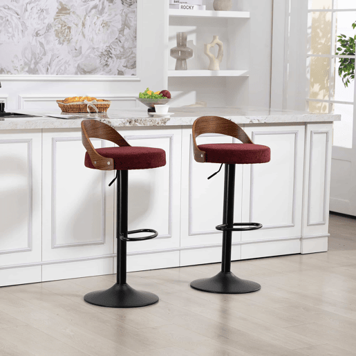 Bancos de bar (conjunto de 2 unidades) giratórios a 360° - encosto em madeira de nogueira preta, assento em PU, altura regulável, adequados para cozinha, restaurante e bar - vermelho vinho Bancos de bar (conjunto de 2 unidades) giratórios a 360° - encosto em madeira de nogueira preta, assento em PU, altura regulável, adequados para cozinha, restaurante e bar - vermelho vinho