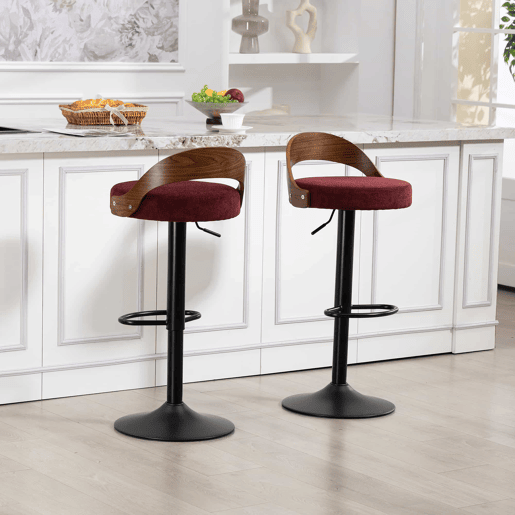 Bancos de bar (conjunto de 2 unidades) giratórios a 360° - encosto em madeira de nogueira preta, assento em PU, altura regulável, adequados para cozinha, restaurante e bar - vermelho vinho Bancos de bar (conjunto de 2 unidades) giratórios a 360° - encosto em madeira de nogueira preta, assento em PU, altura regulável, adequados para cozinha, restaurante e bar - vermelho vinho