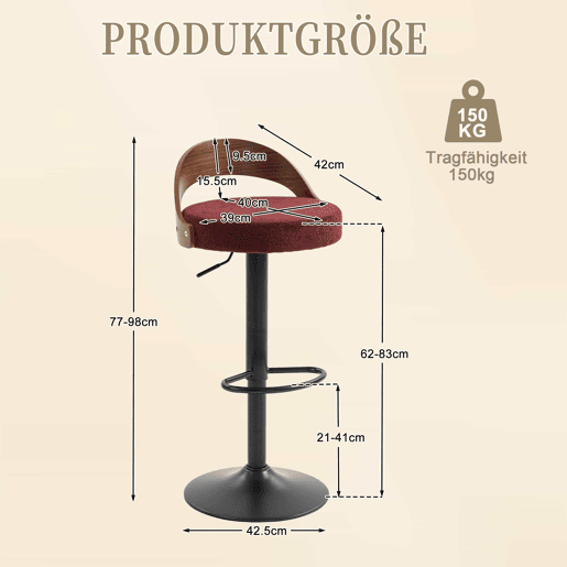Bancos de bar (conjunto de 2 unidades) giratórios a 360° - encosto em madeira de nogueira preta, assento em PU, altura regulável, adequados para cozinha, restaurante e bar - vermelho vinho Bancos de bar (conjunto de 2 unidades) giratórios a 360° - encosto em madeira de nogueira preta, assento em PU, altura regulável, adequados para cozinha, restaurante e bar - vermelho vinho