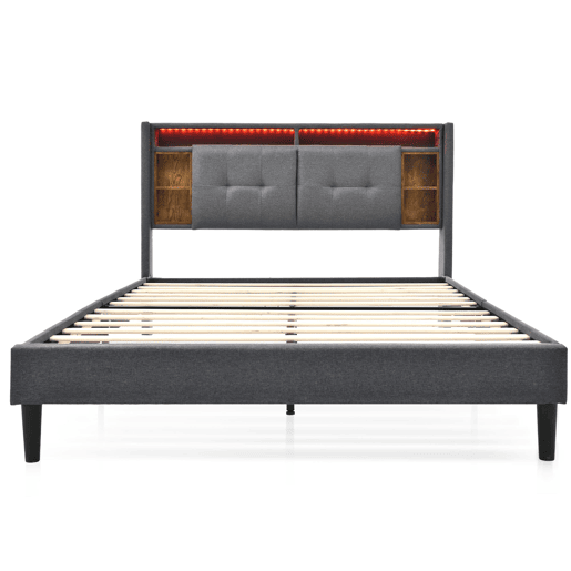 Cama de casal estofada 160x200 - cabeceira com espaço de arrumação, porta USB e luz LED, base de madeira - cinzenta Cama de casal estofada 160x200 - cabeceira com espaço de arrumação, porta USB e luz LED, base de madeira - cinzenta