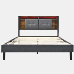 Cama de casal estofada 160x200 - cabeceira com espaço de arrumação, porta USB e luz LED, base de madeira - cinzenta