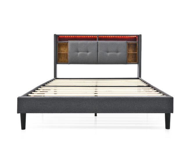 Cama tapizada doble 160x200 - cabecero con almacenamiento, carga usb y led, somier de madera - gris