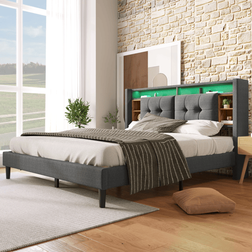 Cama de casal estofada 160x200 - cabeceira com espaço de arrumação, porta USB e luz LED, base de madeira - cinzenta Cama de casal estofada 160x200 - cabeceira com espaço de arrumação, porta USB e luz LED, base de madeira - cinzenta