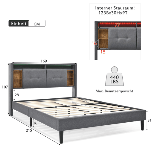Cama de casal estofada 160x200 - cabeceira com espaço de arrumação, porta USB e luz LED, base de madeira - cinzenta Cama de casal estofada 160x200 - cabeceira com espaço de arrumação, porta USB e luz LED, base de madeira - cinzenta