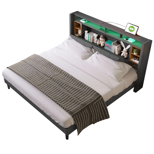 Cama de casal estofada 160x200 - cabeceira com espaço de arrumação, porta USB e luz LED, base de madeira - cinzenta Cama de casal estofada 160x200 - cabeceira com espaço de arrumação, porta USB e luz LED, base de madeira - cinzenta