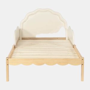 Cama infantil estofada 90 x 200 cm - Cabeceira em PU, grades laterais, base de ripas resistente, estrutura em madeira, design infantil - Bege e natural