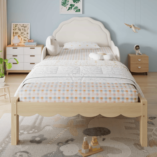 Cama infantil estofada 90 x 200 cm - Cabeceira em PU, grades laterais, base de ripas resistente, estrutura em madeira, design infantil - Bege e natural Cama infantil estofada 90 x 200 cm - Cabeceira em PU, grades laterais, base de ripas resistente, estrutura em madeira, design infantil - Bege e natural