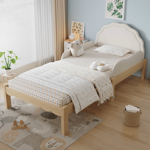 Cama infantil estofada 90 x 200 cm - Cabeceira em PU, grades laterais, base de ripas resistente, estrutura em madeira, design infantil - Bege e natural Cama infantil estofada 90 x 200 cm - Cabeceira em PU, grades laterais, base de ripas resistente, estrutura em madeira, design infantil - Bege e natural