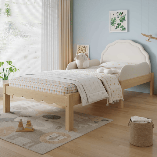 Cama infantil estofada 90 x 200 cm - Cabeceira em PU, grades laterais, base de ripas resistente, estrutura em madeira, design infantil - Bege e natural Cama infantil estofada 90 x 200 cm - Cabeceira em PU, grades laterais, base de ripas resistente, estrutura em madeira, design infantil - Bege e natural