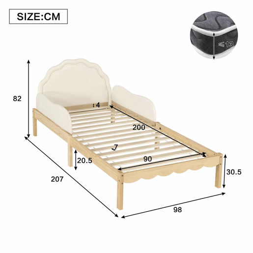 Cama infantil estofada 90 x 200 cm - Cabeceira em PU, grades laterais, base de ripas resistente, estrutura em madeira, design infantil - Bege e natural Cama infantil estofada 90 x 200 cm - Cabeceira em PU, grades laterais, base de ripas resistente, estrutura em madeira, design infantil - Bege e natural