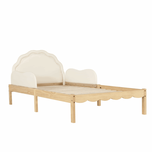 Cama infantil estofada 90 x 200 cm - Cabeceira em PU, grades laterais, base de ripas resistente, estrutura em madeira, design infantil - Bege e natural Cama infantil estofada 90 x 200 cm - Cabeceira em PU, grades laterais, base de ripas resistente, estrutura em madeira, design infantil - Bege e natural