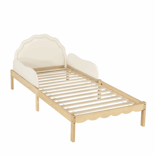Cama infantil estofada 90 x 200 cm - Cabeceira em PU, grades laterais, base de ripas resistente, estrutura em madeira, design infantil - Bege e natural Cama infantil estofada 90 x 200 cm - Cabeceira em PU, grades laterais, base de ripas resistente, estrutura em madeira, design infantil - Bege e natural