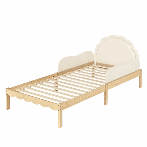 Cama infantil estofada 90 x 200 cm - Cabeceira em PU, grades laterais, base de ripas resistente, estrutura em madeira, design infantil - Bege e natural Cama infantil estofada 90 x 200 cm - Cabeceira em PU, grades laterais, base de ripas resistente, estrutura em madeira, design infantil - Bege e natural