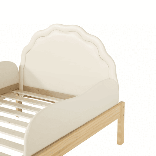 Cama infantil estofada 90 x 200 cm - Cabeceira em PU, grades laterais, base de ripas resistente, estrutura em madeira, design infantil - Bege e natural Cama infantil estofada 90 x 200 cm - Cabeceira em PU, grades laterais, base de ripas resistente, estrutura em madeira, design infantil - Bege e natural