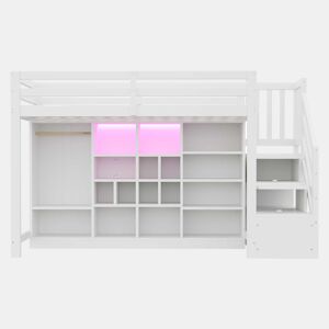 Cama alta 90 x 200 cm - com armários de arrumação, várias prateleiras, roupeiro, iluminação LED e escada lateral com arrumação integrada - Branco