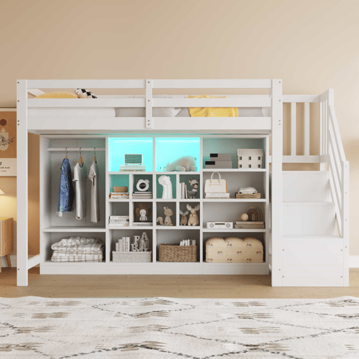 Cama alta 90 x 200 cm - com armários de arrumação, várias prateleiras, roupeiro, iluminação LED e escada lateral com arrumação integrada - Branco Cama alta 90 x 200 cm - com armários de arrumação, várias prateleiras, roupeiro, iluminação LED e escada lateral com arrumação integrada - Branco