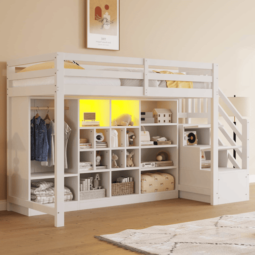 Cama alta 90 x 200 cm - com armários de arrumação, várias prateleiras, roupeiro, iluminação LED e escada lateral com arrumação integrada - Branco Cama alta 90 x 200 cm - com armários de arrumação, várias prateleiras, roupeiro, iluminação LED e escada lateral com arrumação integrada - Branco
