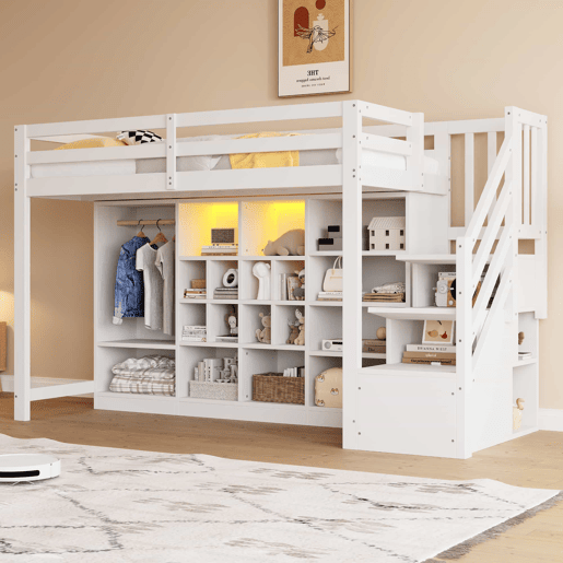 Cama alta 90 x 200 cm - com armários de arrumação, várias prateleiras, roupeiro, iluminação LED e escada lateral com arrumação integrada - Branco Cama alta 90 x 200 cm - com armários de arrumação, várias prateleiras, roupeiro, iluminação LED e escada lateral com arrumação integrada - Branco