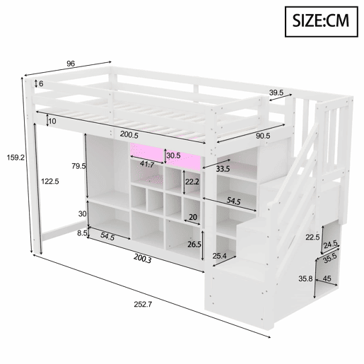Cama alta 90 x 200 cm - com armários de arrumação, várias prateleiras, roupeiro, iluminação LED e escada lateral com arrumação integrada - Branco Cama alta 90 x 200 cm - com armários de arrumação, várias prateleiras, roupeiro, iluminação LED e escada lateral com arrumação integrada - Branco