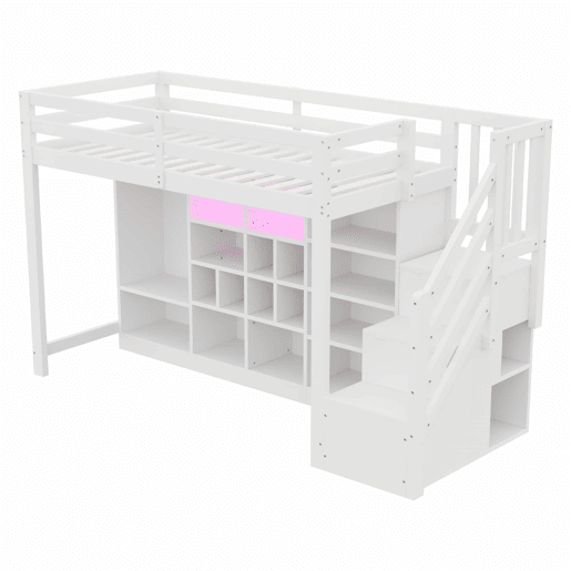 Cama alta 90 x 200 cm - com armários de arrumação, várias prateleiras, roupeiro, iluminação LED e escada lateral com arrumação integrada - Branco Cama alta 90 x 200 cm - com armários de arrumação, várias prateleiras, roupeiro, iluminação LED e escada lateral com arrumação integrada - Branco