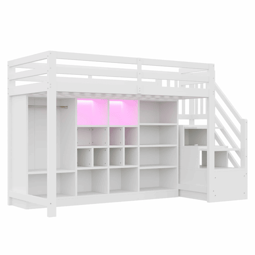 Cama alta 90 x 200 cm - com armários de arrumação, várias prateleiras, roupeiro, iluminação LED e escada lateral com arrumação integrada - Branco Cama alta 90 x 200 cm - com armários de arrumação, várias prateleiras, roupeiro, iluminação LED e escada lateral com arrumação integrada - Branco