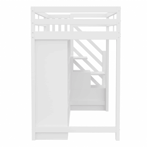 Cama alta 90 x 200 cm - com armários de arrumação, várias prateleiras, roupeiro, iluminação LED e escada lateral com arrumação integrada - Branco Cama alta 90 x 200 cm - com armários de arrumação, várias prateleiras, roupeiro, iluminação LED e escada lateral com arrumação integrada - Branco
